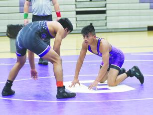 Bobcat wrestler Juan Rafael (right) posted a 5-0 record in his 106-pound matches at last Tuesday’s Etowah Duals.
