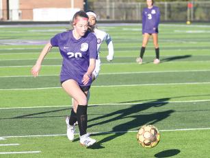 Gilmer High freshman Faith Goodwin scored two goals in the Lady Cats’ 3-2 victory over West Hall last Friday.