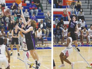 Left, Gilmer senior Cade Carter goes up for two of his team-high 13 points versus Sandy Creek. Right, Noah Ballew scores two transition points.