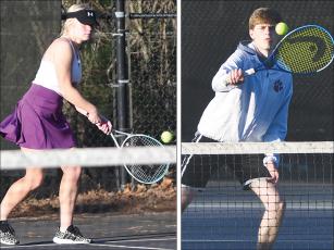 Gilmer High School’s Jessica Futch (left) and Ethan Banks (right) each made up half of their doubles team last Thursday and earned wins versus West Hall.