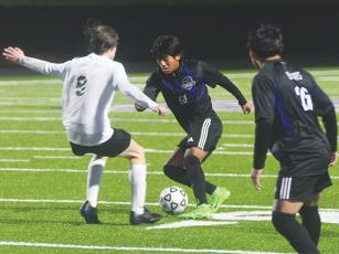 Gilmer’s Brayner Ortiz (center) scored a goal versus Pickens last Friday and provided an assist on the Bobcats’ second goal.