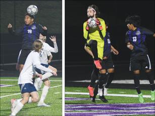 At left, Gilmer High’s Jorge Flores wins a header versus White County last Friday, and goalkeeper Talyn Curtis (right) snatches a free kick in the waning moments to preserve the Bobcats’ 3-2 win. 