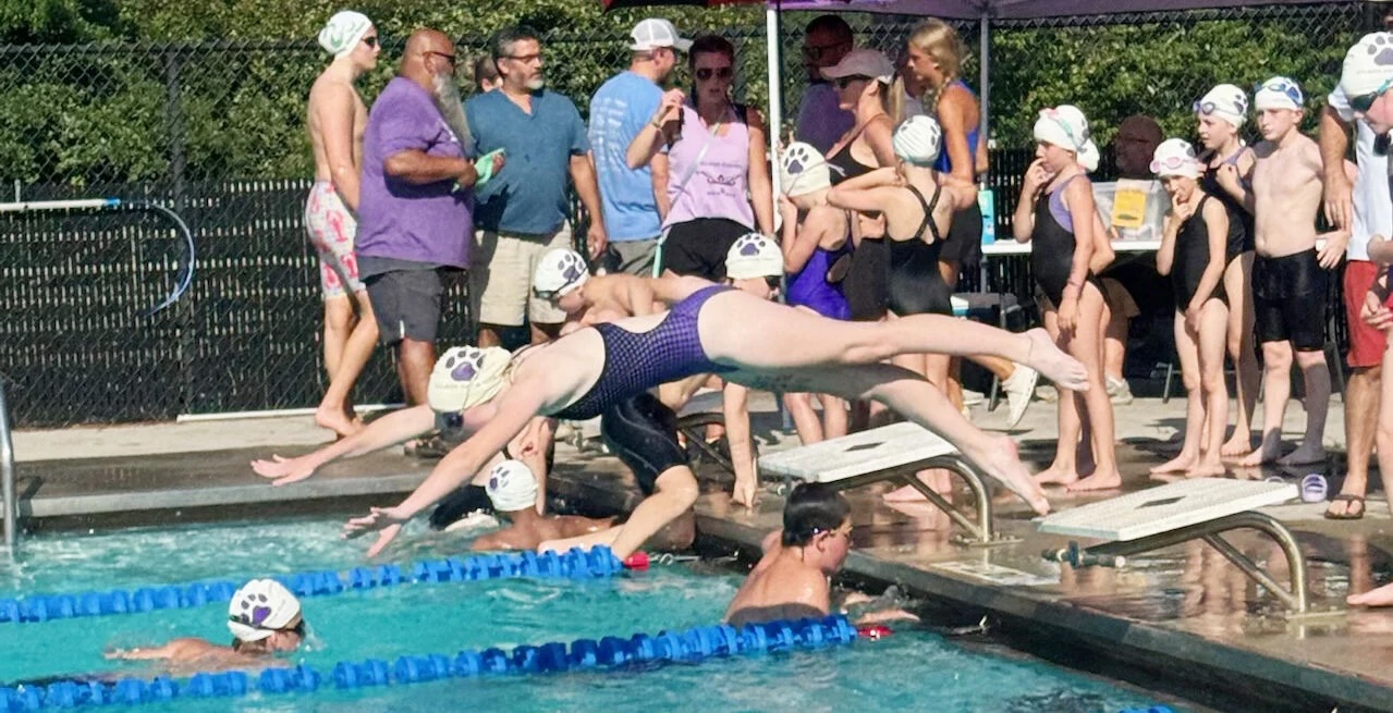 Gilmer swimmers attended their second meet of the summer last Thursday in Cartersville. Above, Ava Williamson dives into the pool.
