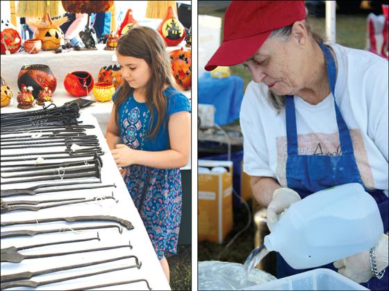 Left, Ellie Zeigler, 9, of Ellijay, looks over iron implements in the blacksmith demonstration exhibit at the Apple Festival. Right, Vicki Roth, of Taylorsville, prepares to whip up some funnel cakes, fried Oreos and fried Twinkies at her Apple Festival booth.