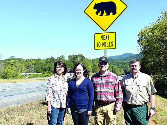 Left to Right.  Emily Dunn, GDOT board member, 9th Congressional District, and Christina Barry, PE, District 6 traffic engineer, Gerald D. Hodge, Jr., Appalachia Georgia Friends of the Bears Founder, and Adam Hammond, chief bear biologist for GDNR.