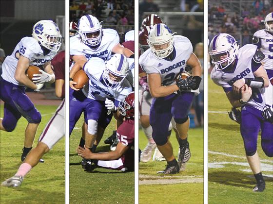 From left, are Gilmer High running backs Andrew Gooch, Kobe Stonecipher, Ashton White and Gray McClure during last Friday’s victory over Southeast Whitfield. The quartet combined for 49 rushes for 288 yards.