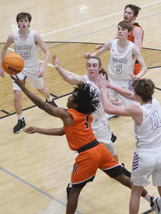 Bobcats Cade Carter and Luke Wimpey (11) defend LaFayette’s Jaylon Ramsey as Ethan Banks (23) and Brady Sanford (5) get in position to rebound.