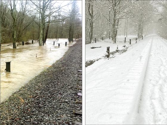 The same view of Cherry Log Creek taken two days apart shows the diverse affects Mother Nature can bring in a short amount of time. At left is the creek after flooding its banks on Thursday. At right, by Saturday the floodwaters had receded, but the area is covered in 5 inches of snow. (Photo bu Rhesa Chastain)