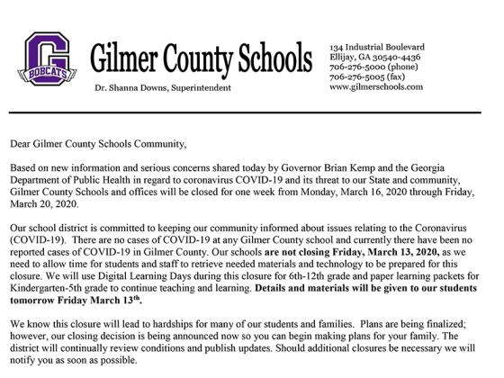 Gilmer Schools COVID-19 letter