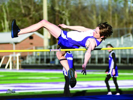 Ayden Fountain clears 5’ 2” in the high jump during last Thursday’s home track meet against Southeast Whitfield and Union County.