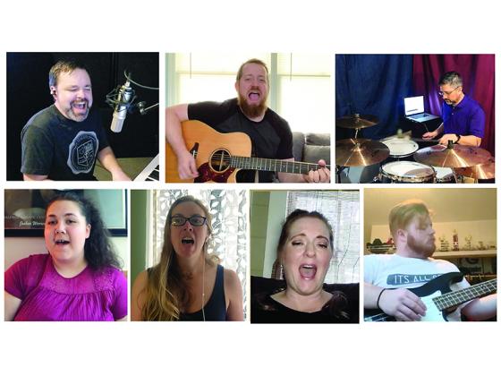Members of the worship team at Covenant Community Church are shown recording a song together from their homes using cell phone cameras. Pictured, top from left: Eric Colson, Joel Smith and John Henderson; bottom from left: Raven Warren, Kerri Henderson, Krystie Daves and Chris Adams.