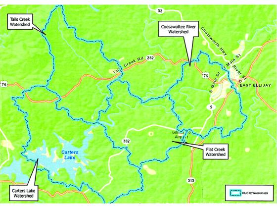 The project area for the Coosawattee River-Carters Lake Watershed Management Plan is highlighted in blue on the above map.