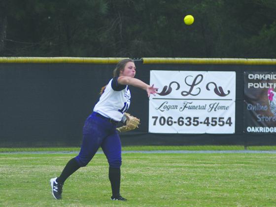 Gilmer outfielder Jocelyn Birko throws the ball back to the infield and recorded three RBIs in the Cats’ last two region games.