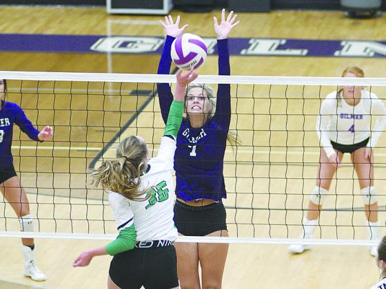 Lady Cat Elly Callihan goes up for a block and set Gilmer High’s single match record for kills (19) earlier this season.
