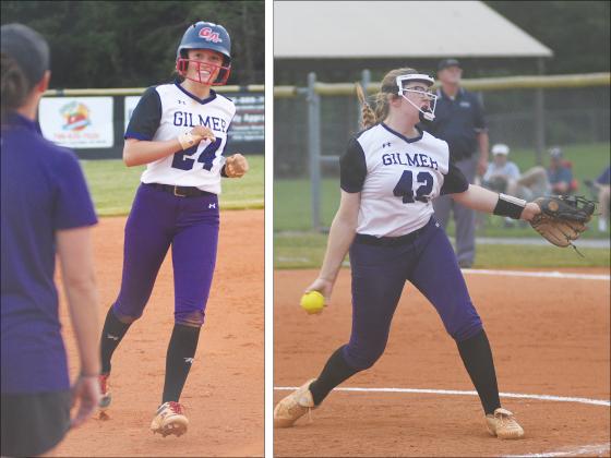 Robbie Bills/Sports Editor At left, Lady Cat Macy Hamby greets GHS head coach Amanda Mullis as she rounds third base following a three-run homer against Cherokee Bluff last Wednesday. At right is winning pitcher Isabella Chastain, who also collected three hits on the day.