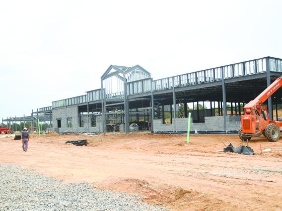 Construction of the new Clear Creek Elementary School continues. Above is a view of the school’s front entrance. The center section of the school will house the main office, cafeteria and gymnasium.