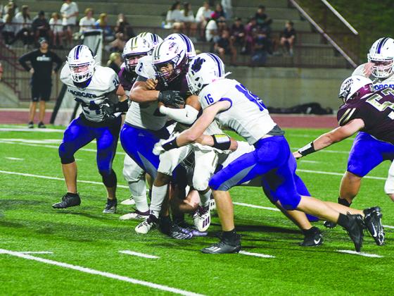 Gilmer senior linebackers Kyle Allison (2) and Braden Jenkins (16) rally to tackle Dawson County’s Isaiah Grindle last Friday.