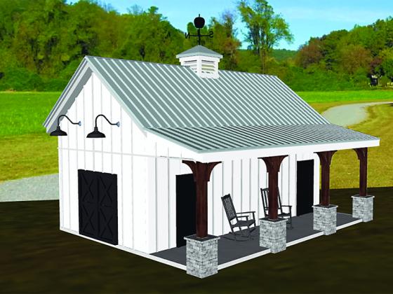 A rendering shows a preliminary exterior design for bathrooms to be constructed at Harrison Park.