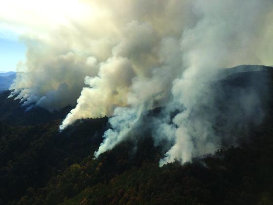 A Nov. 2016 photo of the Rough Ridge fire in the Cohutta Wilderness, by Jeff Schardt/U.S. Forest Service. The fire lasted several weeks, creating heavy smoke in surrounding areas.