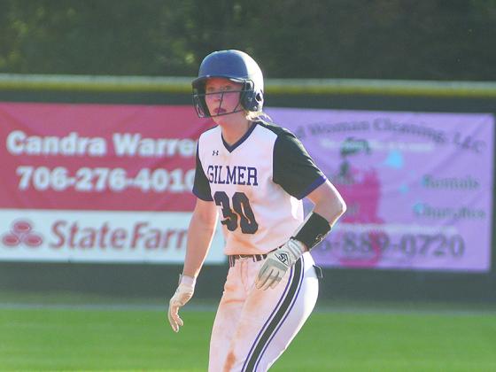 Gilmer’s Taylor Elliott gets a lead at second base last Tuesday and had two hits including a home run versus Ringgold.
