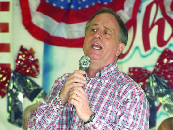 Scott Eaton, Ellijay First Baptist Church’s minister of music, raises crowd spirits when singing “God Bless the U.S.A.”