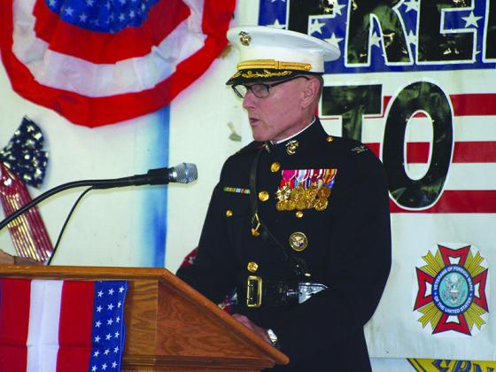 During his address, guest speaker U.S. Marine Col. Michael Nunnally, of Blue Ridge, discusses the role of the American people in democracy.