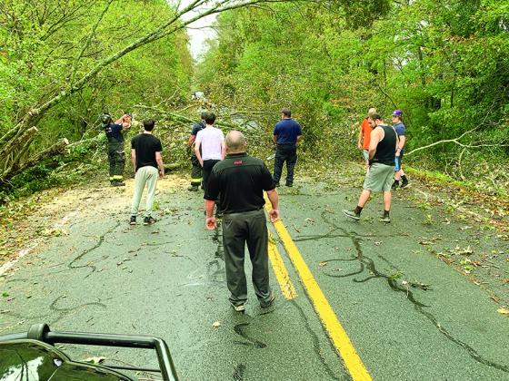 Gilmer County Public Safety went to remove to a huge tree down on 382 and a bunch of citizens stop to help them cut and remove it. (Photo courtesy of Al Cash/Gilmer Fire and Rescue)