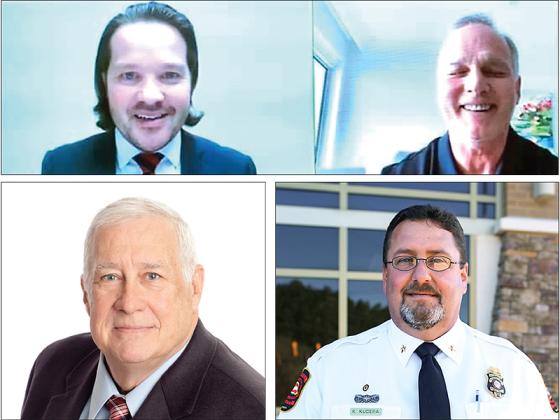 Clockwise from top: Chris Wang, outgoing Gilmer Chamber board chairman, interviews former Georgia Bulldogs head football coach Mark Richt during the chamber’s annual meeting, presented as a Zoom webinar last Thursday. Gilmer Public Safety Director Keith Kucera is shown with the Gilmer Chamber’s 2020 Community Champion Award. Bryan Staggs, Chamber Member of the Year.