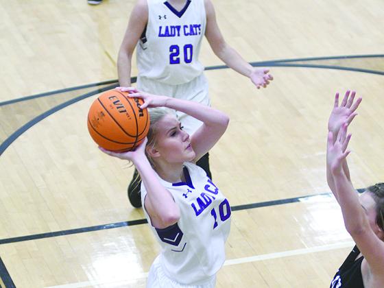 Lady Cat Lark Reece shoots a close-range jump shot and scored 11 points in Gilmer’s victory versus White County last Saturday.