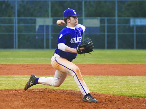 Bobcat pitcher Grant Cochran delivers a pitch for the Purple team during Gilmer High’s intrasquad scrimmage last Thursday.