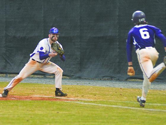 Robbie Bills/Sports Editor Bobcat first baseman Jess Buckner records an out and is one of three seniors and returning starters on this season’s Gilmer High School baseball team.