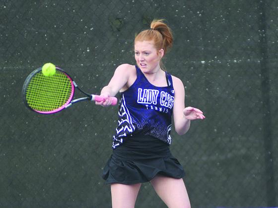 Pictured are Gilmer High’s No. 1 singles Lady Cat Hope Colwell (above) and Bobcat Brett Becker (below) last week. Both won their matches versus Pickens Tuesday before earning victories over their West Hall opponents Friday.