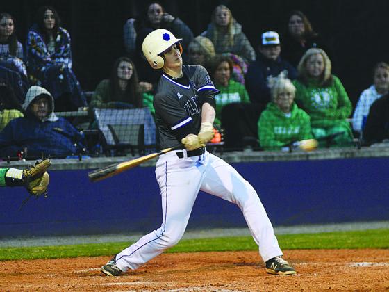 Gilmer Bobcat Colton Nunn hits a single in the fourth inning versus Pickens last Friday.