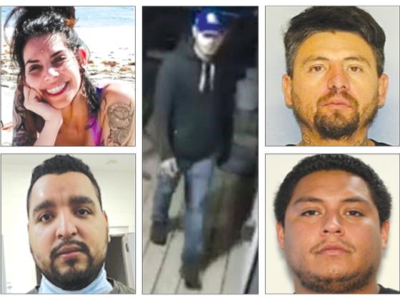 Law enforcement officials are looking for Megan Alyssa Colone, 30, of Stone Mountain (top left); Juan Ayala-Rodriguez, 35, of Gainesville (top right); Oscar Manuel Garcia, 26, of Austell (bottom right); Mario Alberto Barbosa-Juarez, 29, of Oklahoma City, Okla. (bottom left); and a fifth unidentified man (center) in connection with the murder of Rossana Delgado, 37, of Bethlehem. 