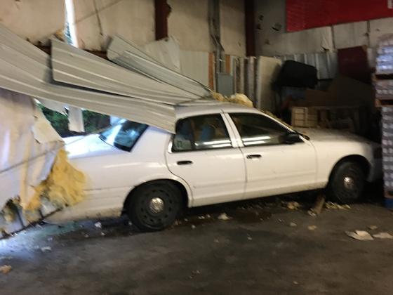 Pictured is the aftermath of an accident in which a car passed through the wall of a building used by the Gilmer Community Food Pantry last Wednesday morning. 