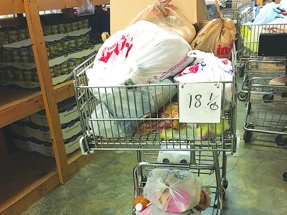 A shopping cart shows the typical amount of food a family of four receives at the Gilmer Community Food Pantry.
