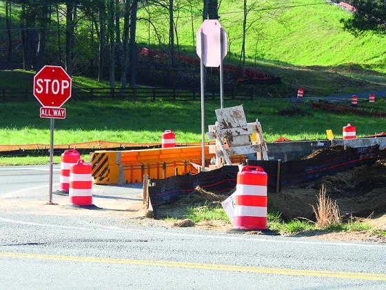 The intersection of Old Highway 5 and Highway 382 has been turned into a three-way stop as construction of a traffic roundabout continues.