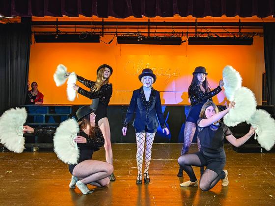 Cast members participate in a dress rehearsal for the Gilmer High School Theater spring musical, Chicago, opening Friday, May 7. Shows are also scheduled for Saturday and Sunday. Pictured, clockwise, from left: Abby Flowers, Chelsea Parker, Jordan Sharp, Layla Sizemore and Emma Heaslip.