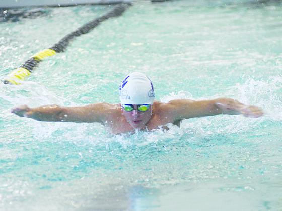 Gilmer swimmer Jake Kucera at last Saturday’s district swim meet in Calhoun.