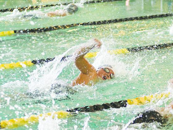 Gilmer swimmer Jacob Watson at last Saturday’s district swim meet in Calhoun.