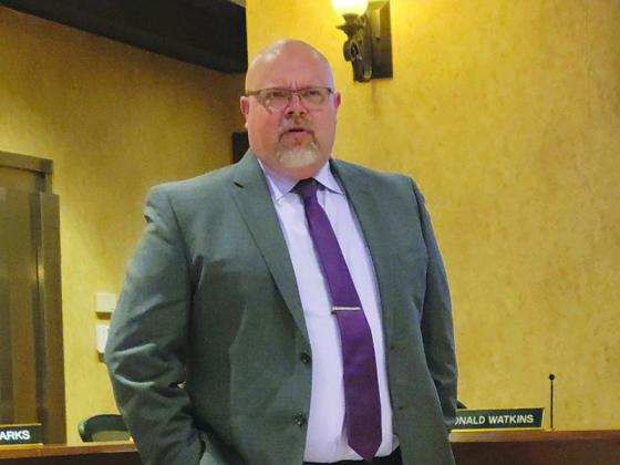 Newly hired superintendent Dr. Hal Brian Ridley addresses the crowd at Monday’s board of education work session.