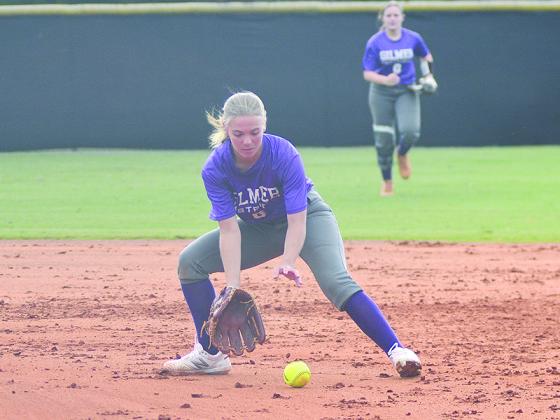 Gilmer High School senior second baseman Carly Chadwick fields a ground ball for the Lady Cats.