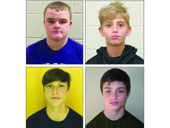 Top row from left, are eighth grader Samuel Jones and seventh grader Mason West, who were Clear Creek’s football players of the week versus Fannin County. Bottom row, are eighth grader Hunter Britain and seventh grader Chaz Curtis, CCMS players of the week versus White County.