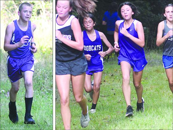 Above, from left, are CCMS Bobcat Dawson Richard and Lady Cats Salma Gonzalez and Estephany Becerra running at last Tuesday’s North Georgia Championships.