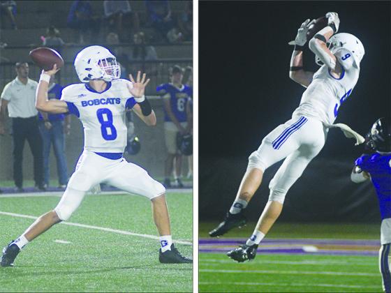 Gilmer quarterback Seth Darling passes to receiver Dominic Tarantino for a 24-yard completion versus Lumpkin County last Friday. Darling finished with 165 passing yards plus 63 more on the ground while Tarantino caught five passes for 91 yards and a touchdown.