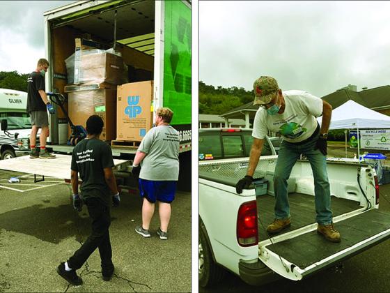 Above, a box truck is well on its way to being filled at last year’s first Keep Gilmer Beautiful e-recycling event. Right, Keep Gilmer Beautiful member Jim Harris helps unload dropped-off electronics at the 2020 e-recycling event.  