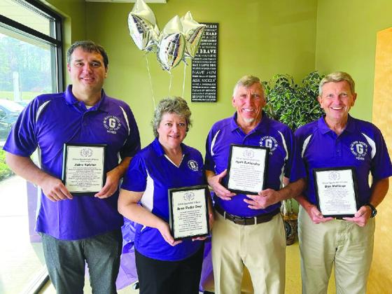 From left are 2021 Gilmer Sports Fall of Fame inductees Jobie Ralston, Anne Sluder, Hyatt Tankersley and Don Mullinax. Not pictured, Lamar Frady.