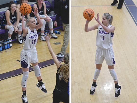 Gilmer High seniors Lark Reece (left) passes into the post, and Elly Callihan (right) shoots a three pointer versus Fannin last Saturday.