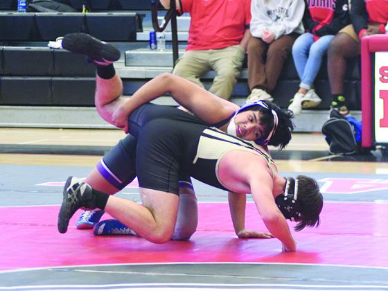 Gilmer’s Daniel Reynoso took the mat first in last Saturday’s Class 3A duals state finals and earned a 16-3 win.