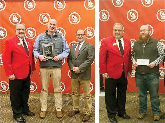 At left, Mike Bushey, center, receives the Outstanding Young Farmer Advisor Award from past Georgia Young Farmers Association President Stan Deal, left, and North Region Agriculture Education Director Stan Mitchell, right. At right, Deal, left, commends Gilmer Young Farmer member Nick Cantrell, right, who won a Farm Business Management Contest at the Young Farmers State Convention in Savannah.